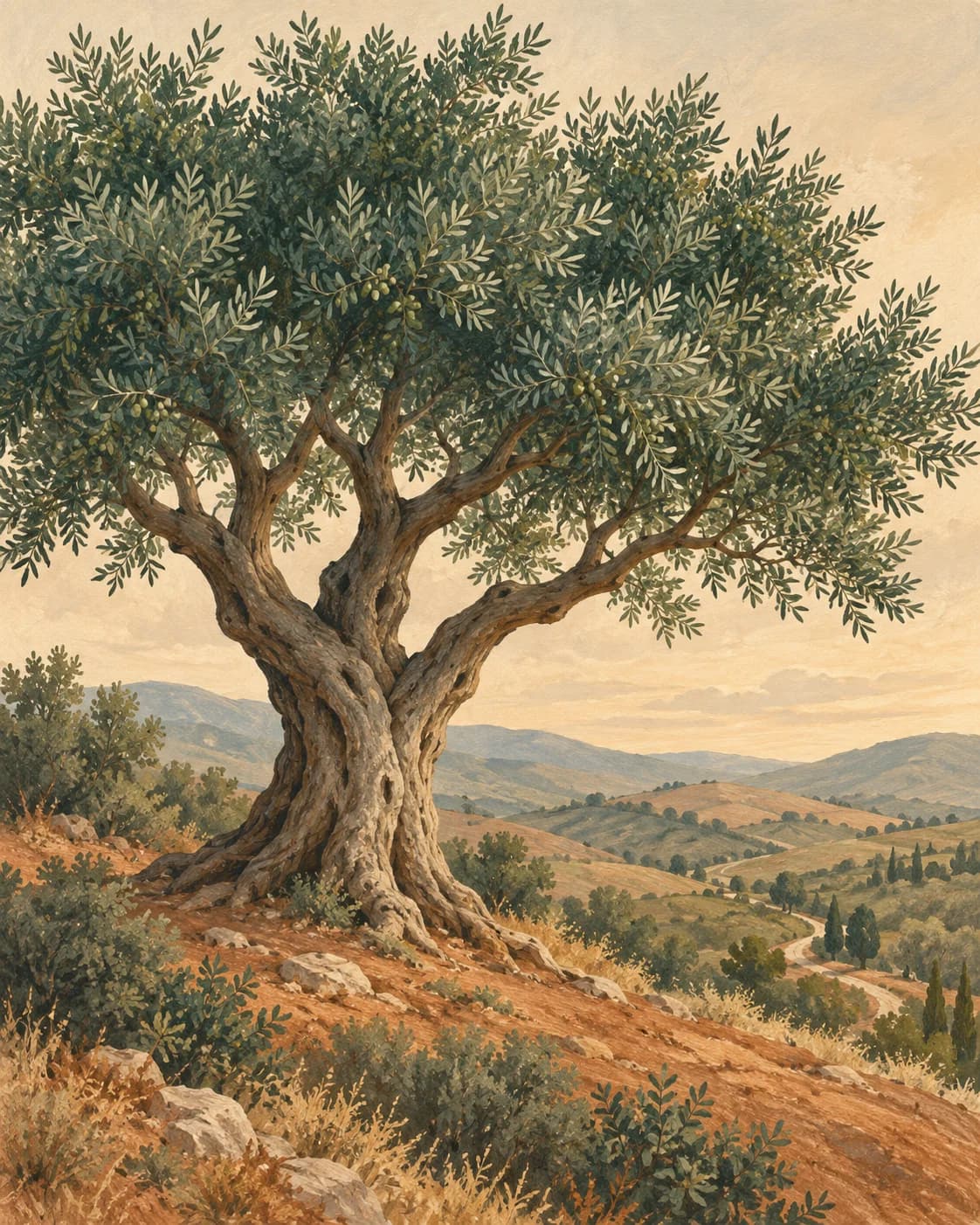An olive-tree illustration set in warm rolling hills