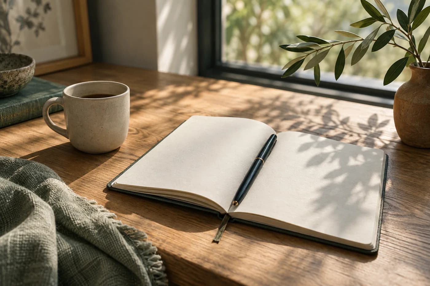 An open notebook and a cup beside a sunlit window