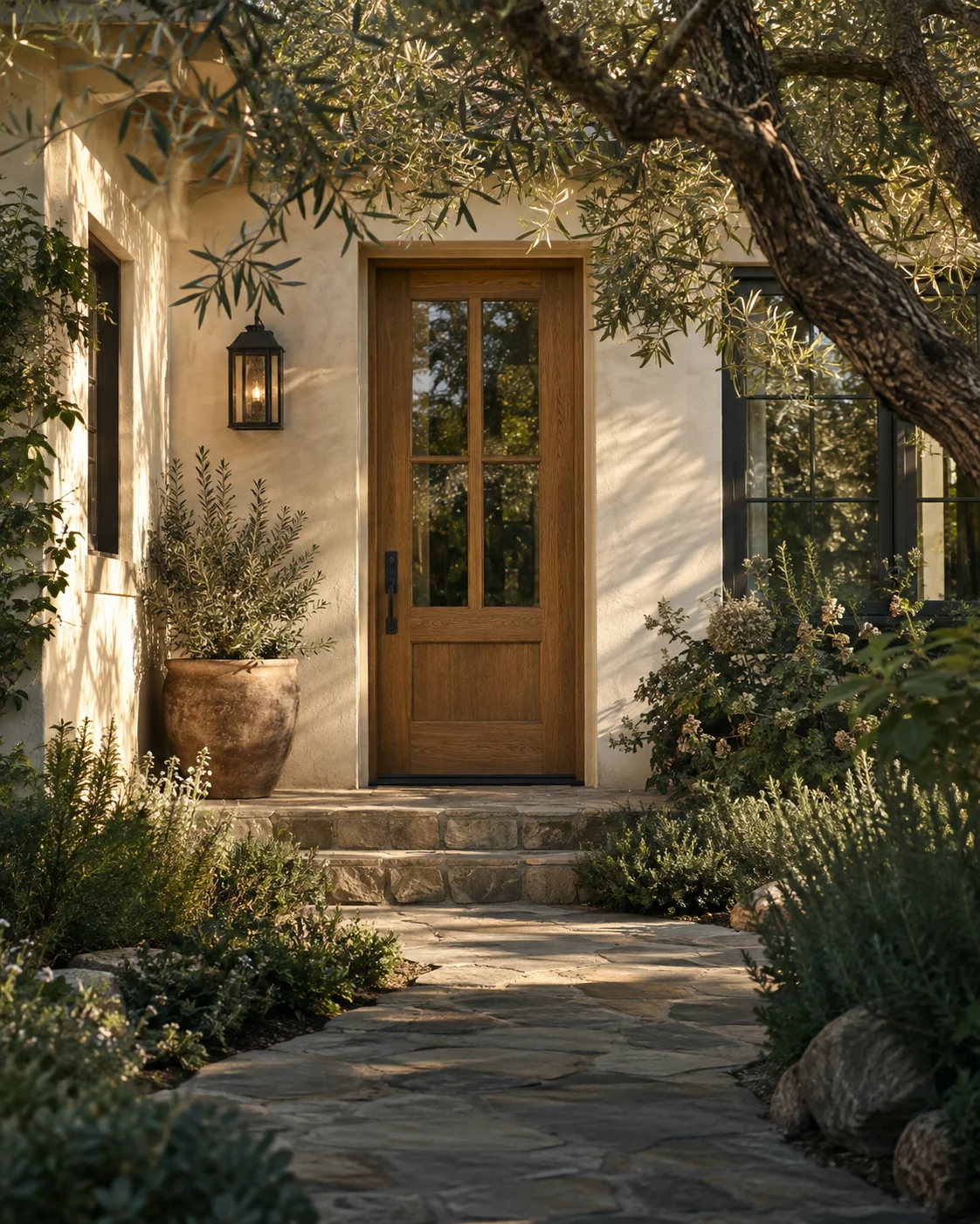 An olive-shaded garden path leading to a warm wooden front door